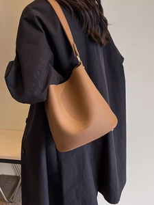 Sac Seau en Cuir PU Grande Capacité Motif Litchi Pour Femmes Mode Polyvalent Sac à Bandoulière Rétro Sac de Navettage
