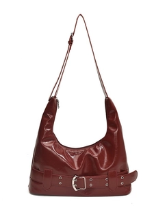 Glossy burgundy hobo bag with silver buckle belts and adjustable leather shoulder strap