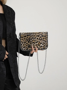 Leopard Print Shoulder Bag With Silver Chain Strap Rivet Decor PU Leather Crossbody Bag Flap Square Bag Fashion Purse