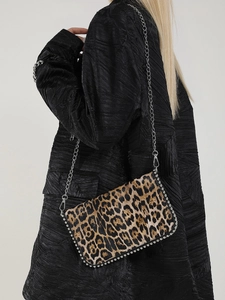 Leopard print crossbody bag with rhinestone trim and silver metal chain strap