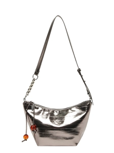 Bolso hobo plateado metálico para mujer con correa de cadena y cuentas naranjas de moda
