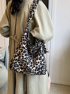 Fashion Leopard Print Large Capacity Canvas Tote Bag Casual Knotted Strap Shoulder Bag Minimalist Hobo Shopping Bag