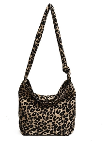 Leopard print canvas crossbody bag featuring a half-moon shape and large capacity