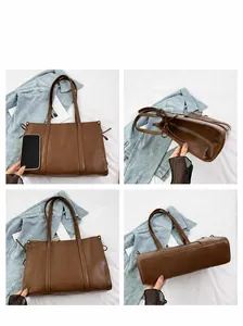 Vues détaillées du cabas marron vintage montrant le similicuir texturé et le décor de nœud