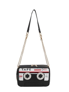 Retro cassette tape shaped crossbody bag in black PU leather with golden chain strap