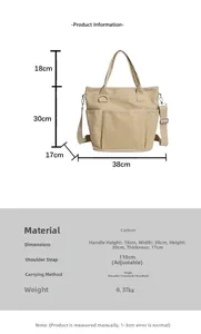 Detailed dimension guide for large khaki canvas tote bag with adjustable shoulder strap