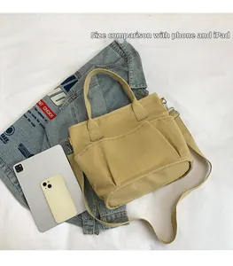 Canvas tote bag detail showing interior capacity compared with a smartphone and a tablet
