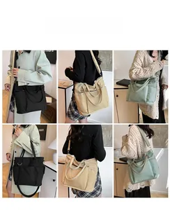 Detailed views of high-capacity canvas tote bag in black, khaki, and light green colors