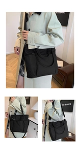 Three-way view of a black multi-pocket canvas tote bag showing hand-carry and shoulder styles
