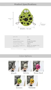 Detailed spec chart of cartoon ladybug PU crossbody bag with size and color options