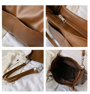 Detailed views of caramel brown faux leather tote with metallic zipper and inner lining