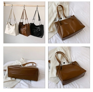 Multi-angle view of large capacity PU leather tote bag with metal chain strap detail