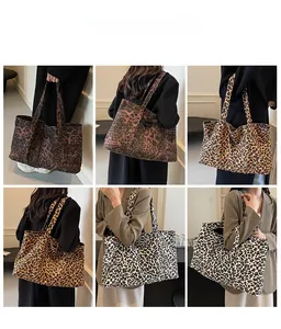 Detailed views of leopard print tote bags in three colors with wide straps and high capacity