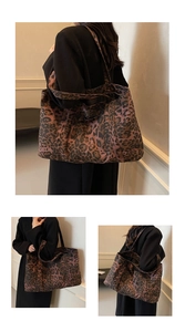 Three-way view of a large leopard print tote bag styled on a model in a warm interior