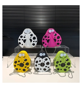 Detailed collection of five colorful ladybug-shaped mini PU leather crossbody bags for girls