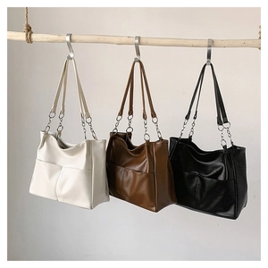 Detailed close-up of three PU leather tote bags featuring chain straps and large front pockets