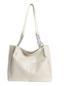 Cream minimalist PU leather tote bag with stylish chain straps and large capacity