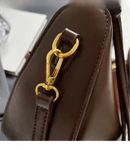 Macro shot of gold-tone metal hardware and fine stitching on dark brown leather bag