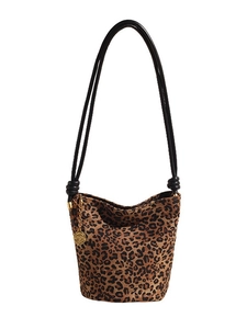 Leopard print canvas tote bag for women with black straps and golden rose pendant charm