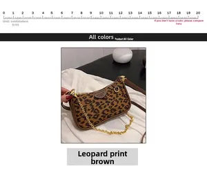 Detail view of leopard print crossbody bag with metal chain and 20cm ruler scale