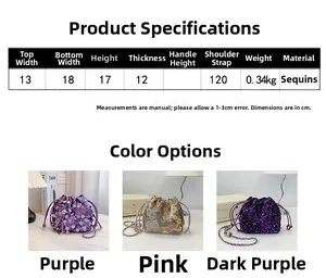 Tabella delle dimensioni e varianti colore per borsa a secchiello con paillettes