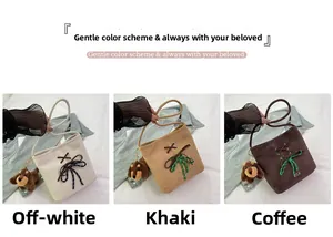 Three bucket bags in beige, khaki, and coffee colors with plush puppy charms
