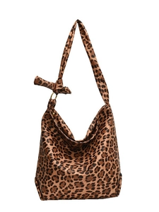 Large leopard print canvas tote bag with wide shoulder strap and gold metal hardware
