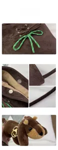 Detail of dark brown suede bucket bag featuring woven rope trim and magnetic closure
