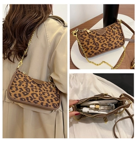 Three-way view of leopard print shoulder bag showing model use, details and inner capacity