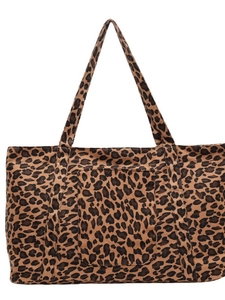 Large leopard print canvas tote bag with shoulder straps and front pocket for women