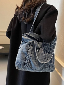Retro Acid Wash Denim Tote Bag For Women Large Capacity Street Trend Shoulder Bag Metal Buckle Casual Travel Messenger Bag