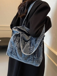 Fashionable denim tote bag with metal zippers and large capacity for casual street style