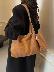 Grand sac à épaule vintage en daim marron avec porte-monnaie assorti pour femme