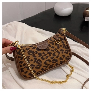 Detail of leopard print canvas shoulder bag with gold chain and brown leather trim