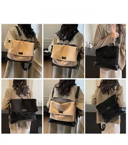Detail view of versatile suede and canvas bags showing adjustable straps and multi-way carry