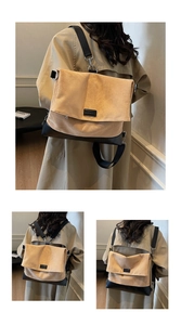 Detail of light brown suede backpack with adjustable black straps and spacious flip cover