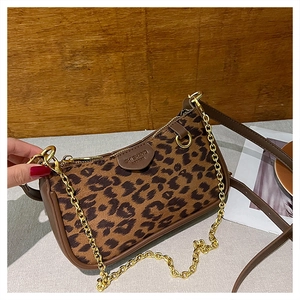 Detail of leopard print shoulder bag with gold chain strap and brown leather trim