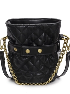 Quilted black bucket bag with gold chain strap and elegant rhombus stitching detail