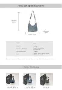 Detailed chart showing denim bag dimensions, weights and three color options
