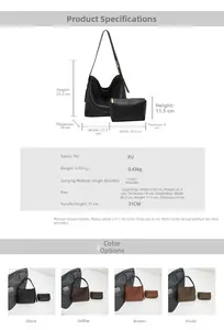 Detail view of large PU leather tote and small zipper pouch set with full size specs