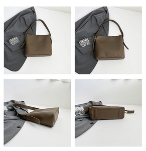 Detailed views of a dark brown matte leather tote bag from multiple angles with adjustable strap