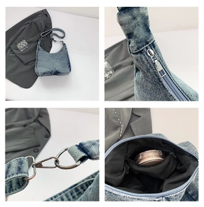 Detailed views of light blue denim hobo bag showing silver hardware and inner zipper pocket