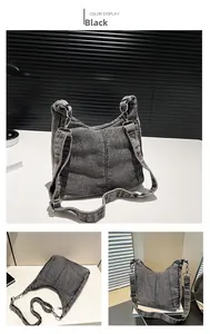 Three views showing details of black denim hobo bag with top stitching and silver hardware