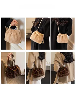 Collage of faux mink fur bucket bags in beige and leopard print with beaded handle