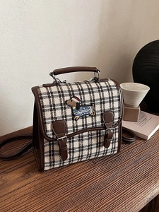 Retro Japanese plaid shoulder bag with sausage dog embroidery for school and commuting