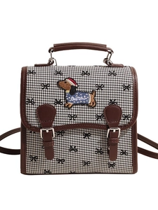 Vintage houndstooth backpack with dachshund embroidery and bow prints for women