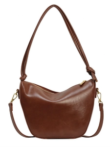 Retro brown PU leather crescent shoulder bag with knot handle and gold hardware