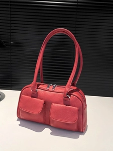 Vintage PU Leather Underarm Shoulder Bag For Women Dual Front Flap Pockets Zipper Closure Urban Minimalist Large Capacity Handbag