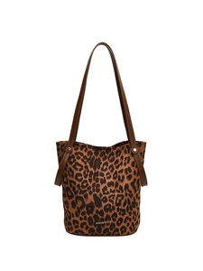 Fashionable leopard print bucket handbag with spacious interior and brown leather straps