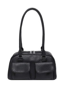 Vintage black pebbled leather underarm bag with double front pockets and silver zippers